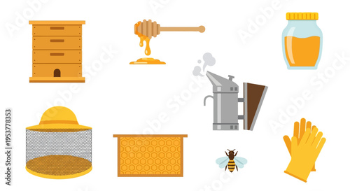 Beekeeping tools and equipment illustration set.
