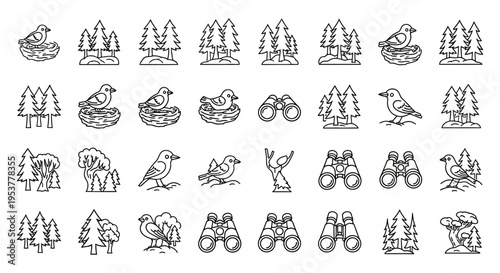 Bicycles and trees line illustration set.