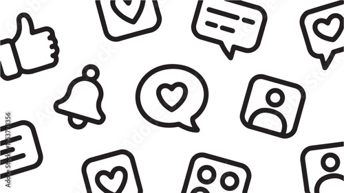 Social media icons with hearts and notifications on white background for technology concepts