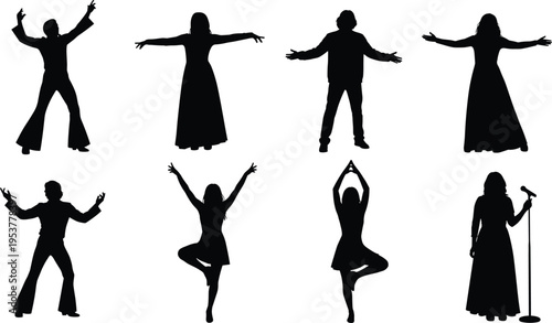 Human silhouette collection, expressive outline figure, dance motif illustration, yoga icon art, singing design graphic, performance posture symbol image