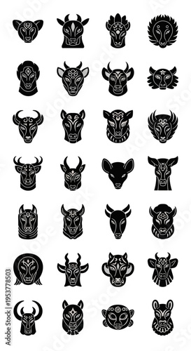 Black animal head icons and symbols.