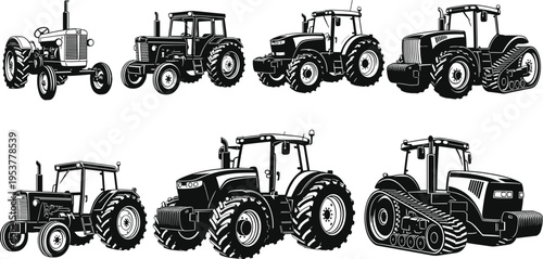 Tractor silhouette collection, agricultural machinery outline figure, farm vehicle motif illustration, mechanical icon art, rural design graphic, farming symbol