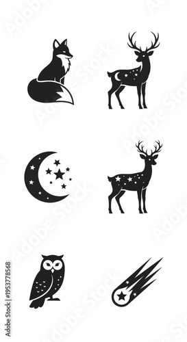 Black silhouettes of forest nocturnal animals.