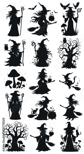 Black silhouettes of magic witches.