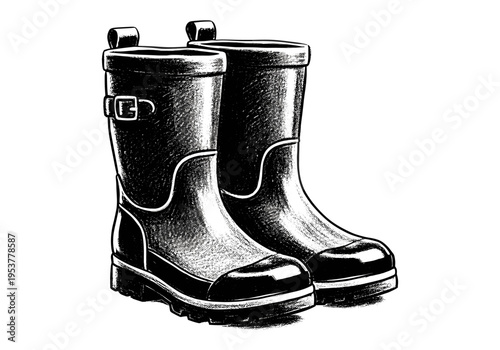 Black and white illustration of a pair of rubber boots with buckles and pull tabs