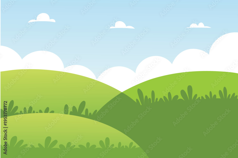 Fototapeta premium Simple cartoon landscape with rolling green hills and blue skies