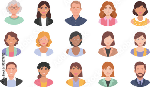 Large collection of diverse avatar headshots featuring men and women of different ages and ethnicities in flat vector style