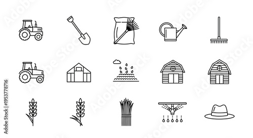 Agricultural icons and farm tools.