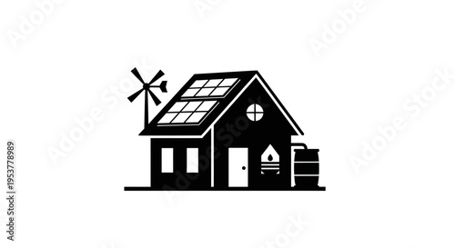 Black house with solar panels roof.