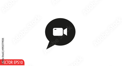 Black video camera speech bubble icon.