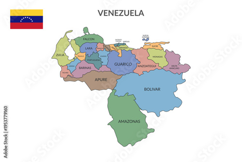 Venezuela detailed political map isolated on white background. Vector flat clipart.