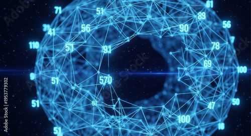 Abstract Digital Network Sphere with Glowing Numbers and Connections.