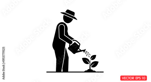 Man watering a young plant.