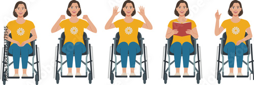 Inclusive vector set of young woman in wheelchair performing various activities like reading waving and pointing for accessibility.