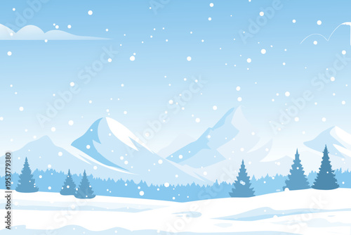 A serene winter landscape with snow covered mountains and trees