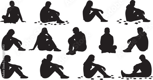 Silhouettes of people sitting in various poses and emotions