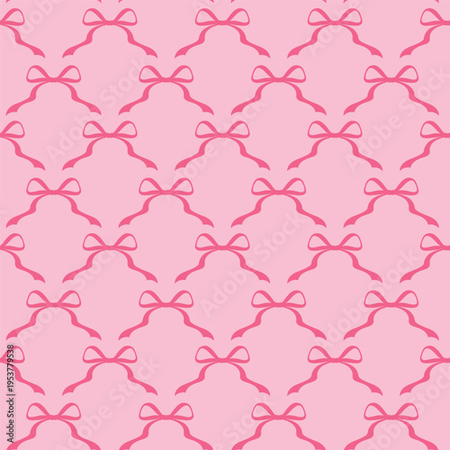 pink seamless bow and ribbon on pink background, cute repeat coquette bow pattern wallpaper illustration, hand drawn bow design for fabric, paper, cloth illustration