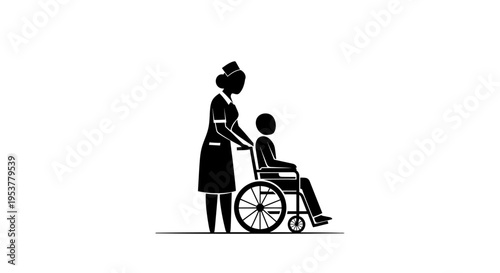 Woman pushing man in wheelchair.
