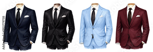 A stylish collection of watercolor men suits, featuring formal tailored jackets in navy, black, light blue, and burgundy with shirts and ties, isolated on a transparent background.