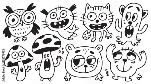 Cartoon animals and mushroom with surprised expressions on white background for kids education and funny concepts