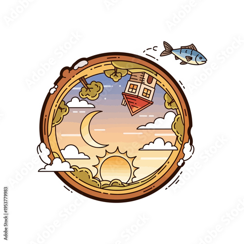 Surreal circular landscape with day and night elements, an upside-down house, and a jumping fish, illustrating a whimsical dream world.