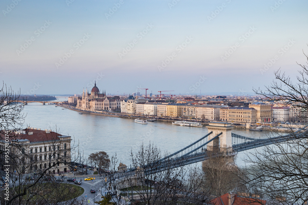 Obraz premium panorama view at the parliament with Danube river in Budapest