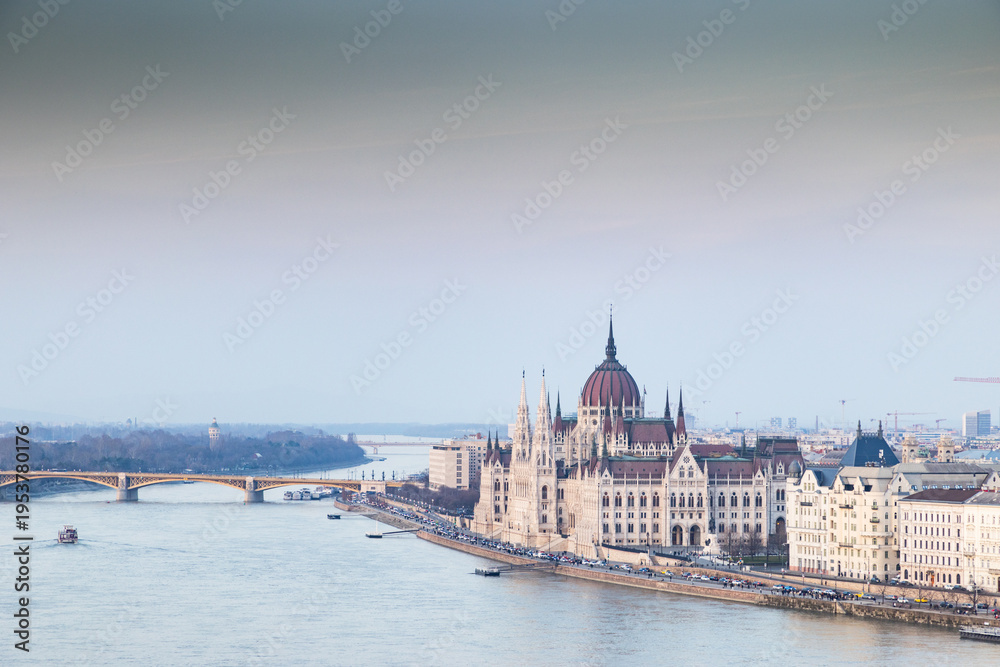 Fototapeta premium panorama view at the parliament with Danube river in Budapest