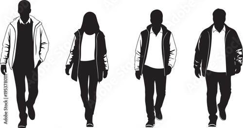 Silhouettes of people walking in different casual outfits together