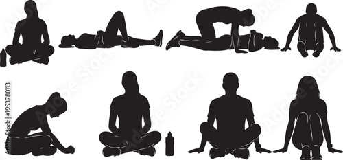 Yoga silhouettes of people in various poses and positions