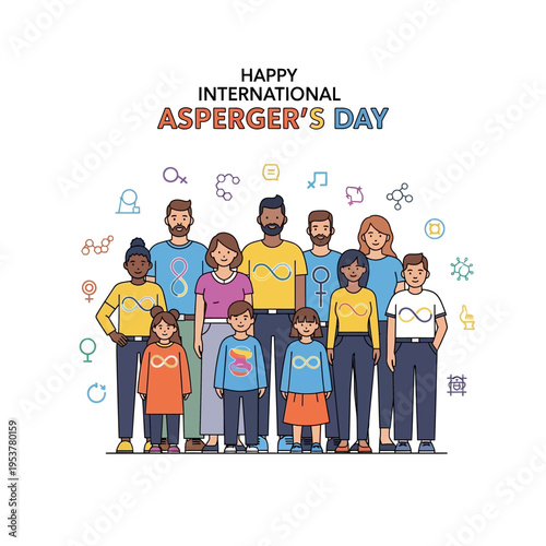 Diverse group of adults and children celebrating International Asperger's Day, featuring neurodiversity symbols and community support.