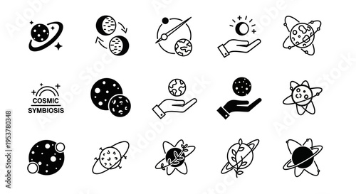 Black and white cosmic symbols icons.