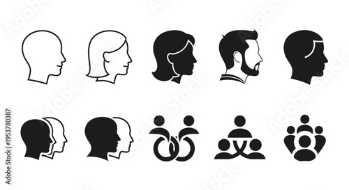 Black and white human head silhouettes.