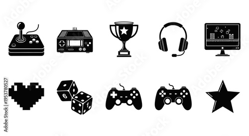 Black icons of gaming accessories.