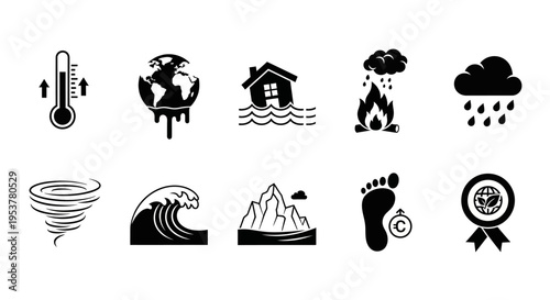 Black icons of natural disaster symbols.