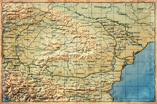 Photography Vintage Map Of Romania With Counties On Retro Paper Background