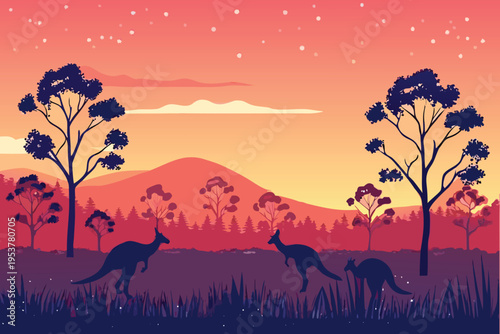 Silhouette of kangaroos grazing under a vibrant sunset landscape