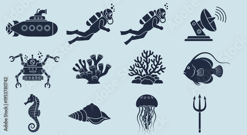 Collection of ocean creatures and objects.