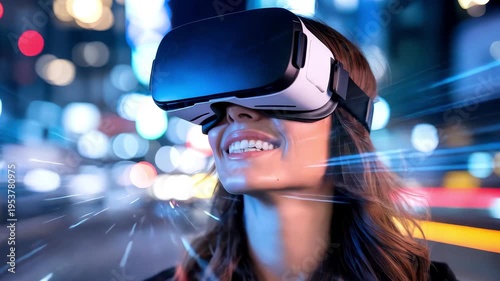 Woman smiling wearing virtual reality headset in futuristic city with neon lights and motion blur