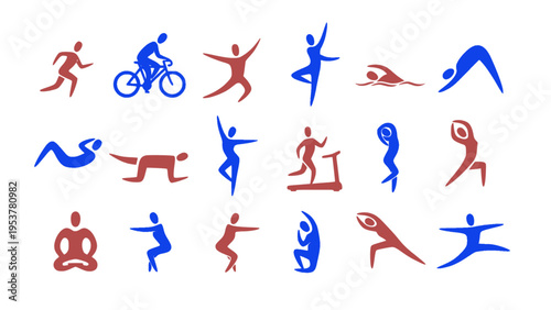 Collection of icons showing various sports actions and athletic movements.