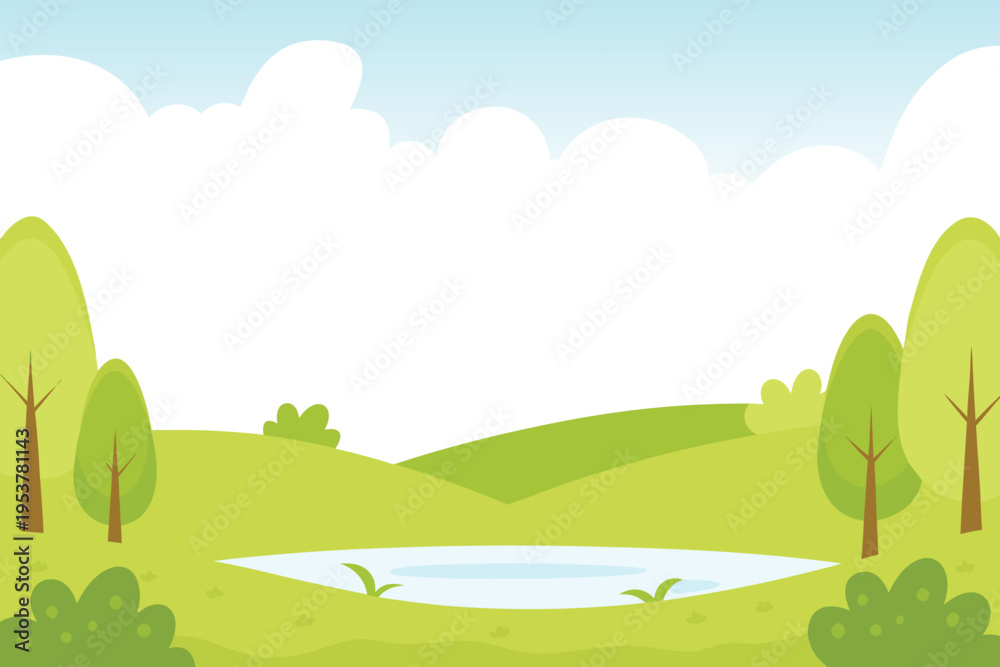 Fototapeta premium Serene landscape with green hills a small pond and trees
