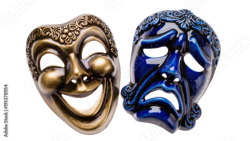 Canvas-taulu Ornate golden comedy and dark blue tragedy theatrical masks, representing drama