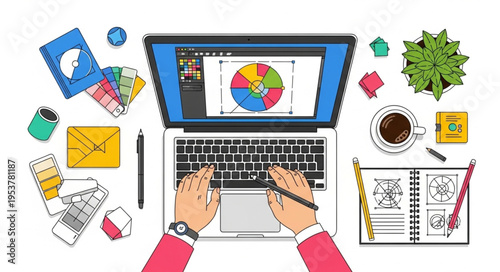 Person working on laptop with pie chart, surrounded by office supplies.