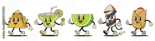 Cinco de Mayo vintage mascot characters set featuring Mexican food and culture icons in retro cartoon style