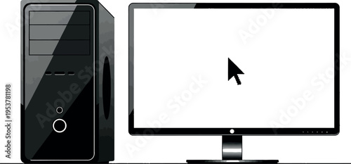 Modern black desktop computer PC tower and monitor with mouse cursor vector illustration