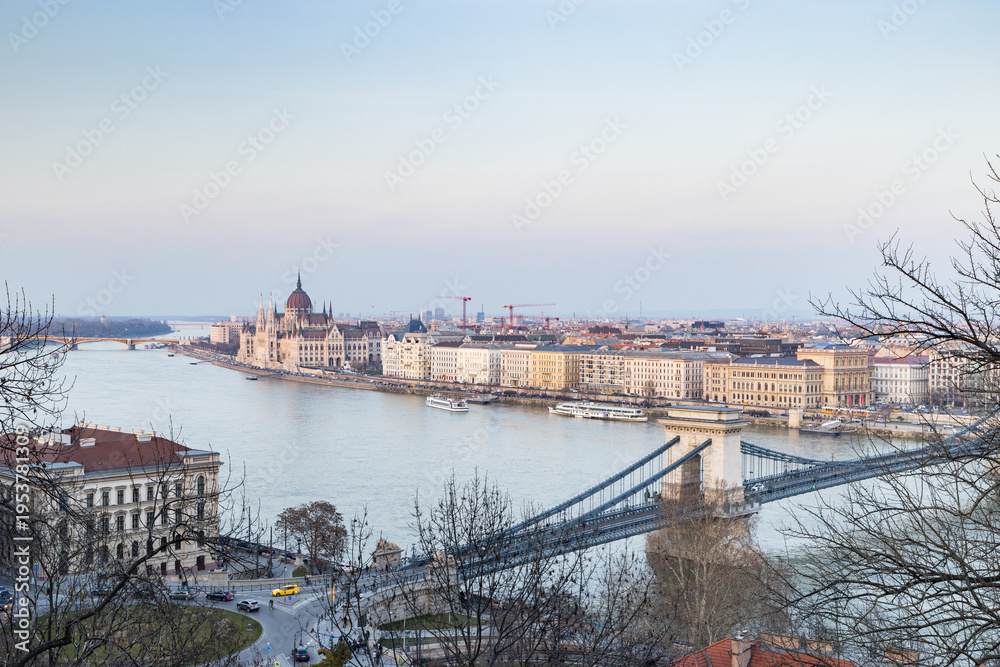 Obraz premium panorama view at the parliament with Danube river in Budapest