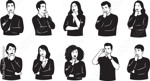 People thinking and contemplating in various poses and expressions