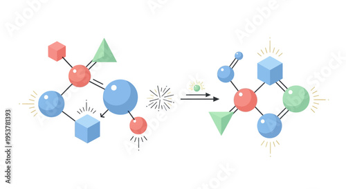 Abstract molecular structure depicting chemical reaction transformation on white background