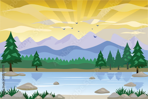 Scenic landscape with mountains trees and a bright sunrise