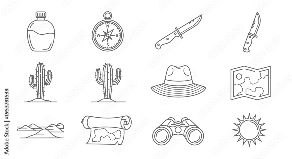 Fototapeta premium Desert Exploration Vintage Line Icons.