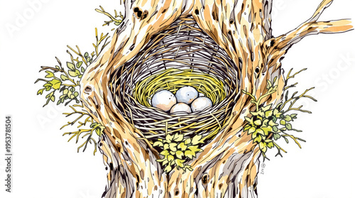 Colorful Illustration of a Birds Nest with Four Eggs Inside a Tree Hollow